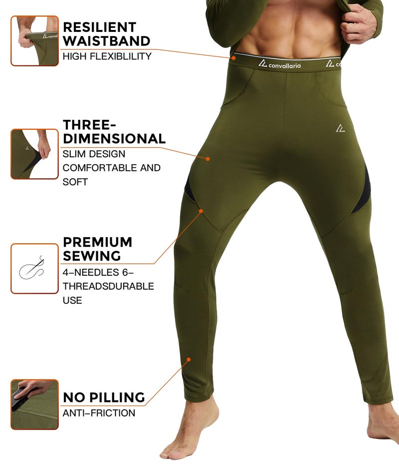 CL convallaria Thermal Underwear for Men, Winter Hunting Gear Sport Long Johns Base Layer Top and Bottom Set Midweight Army Green L - Image 3